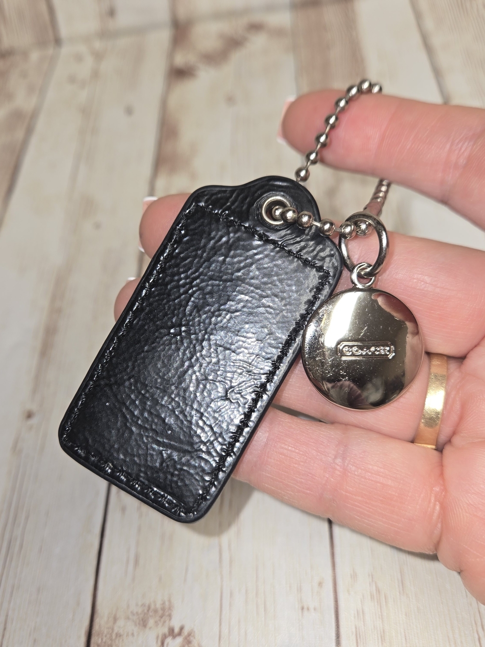 Coach Black Leather Hangtag Keychain Charm Silver Tone - Picture 6 of 13